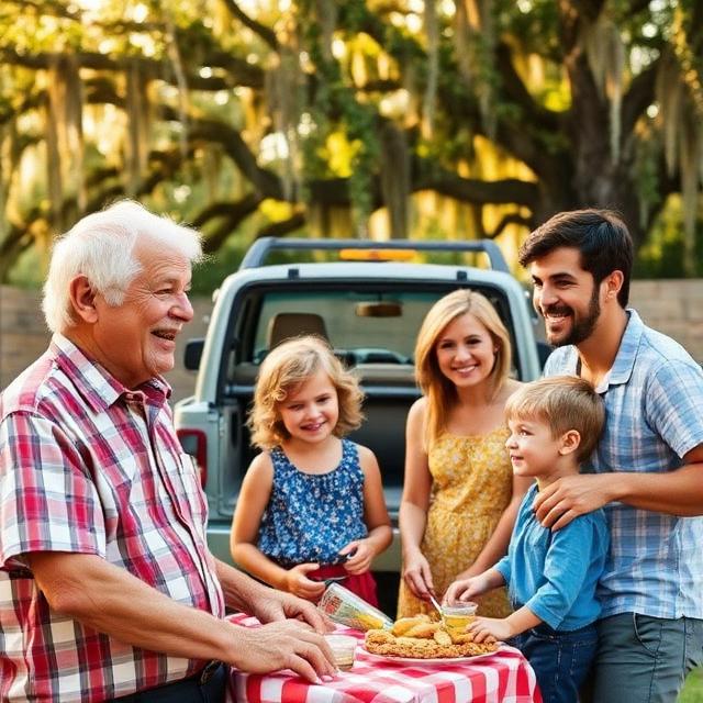 Multi-generational Acadiana family celebrating Father's Day in southern Louisiana