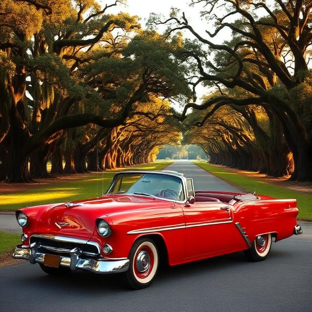 Beautifully restored classic American car on Louisiana country road representing automotive pride in Acadiana
