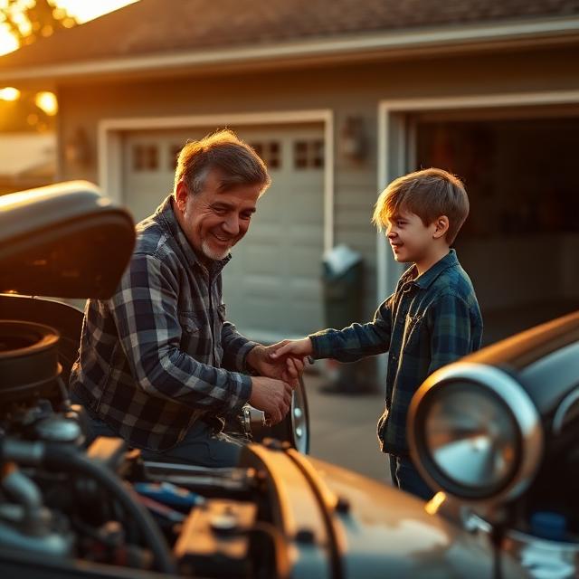 Father and child bonding over car maintenance representing generations of Acadiana car enthusiasts