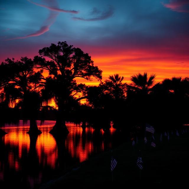 Patriotic Fourth of July sunset over Louisiana bayou with cypress trees and American flags in Acadiana