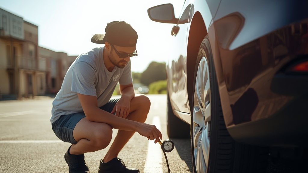 Driver checking tire pressure in hot Louisiana summer parking lot near Broussard Youngsville.