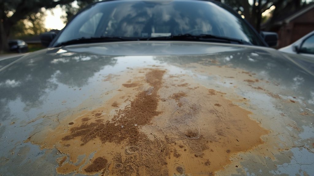 Sun-faded car paint showing heat oxidation damage on vehicle hood in Broussard Louisiana summer heat.
