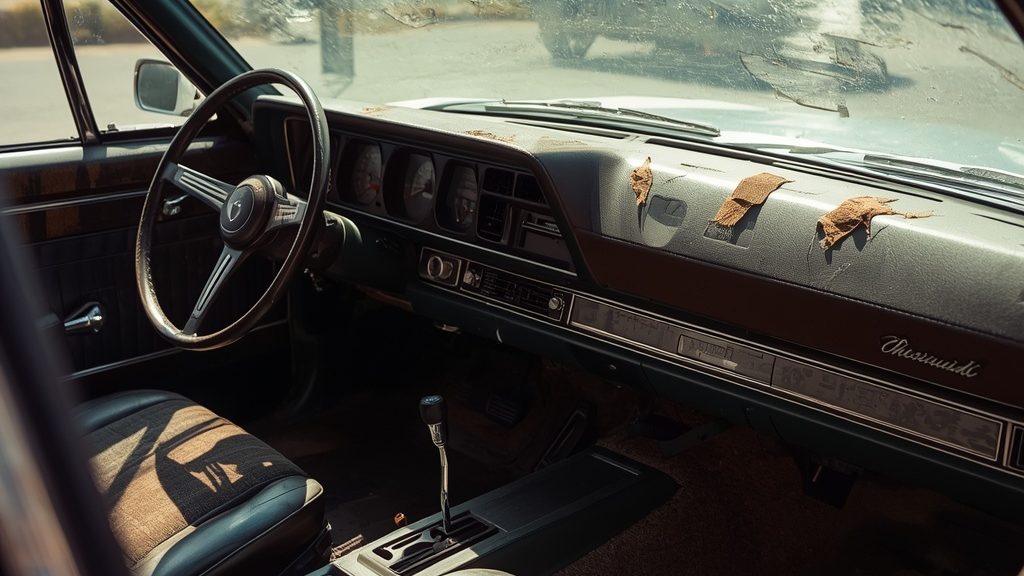 Cracked sun-damaged car dashboard interior from prolonged Louisiana summer UV exposure.
