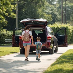 A parent and child walking toward a well maintained family SUV or minivan in a s 0
