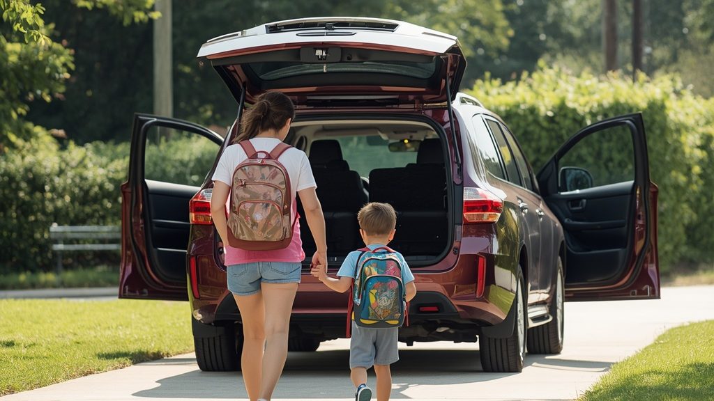 Back to school vehicle safety Broussard Youngsville family loading car for school run on summer morning.