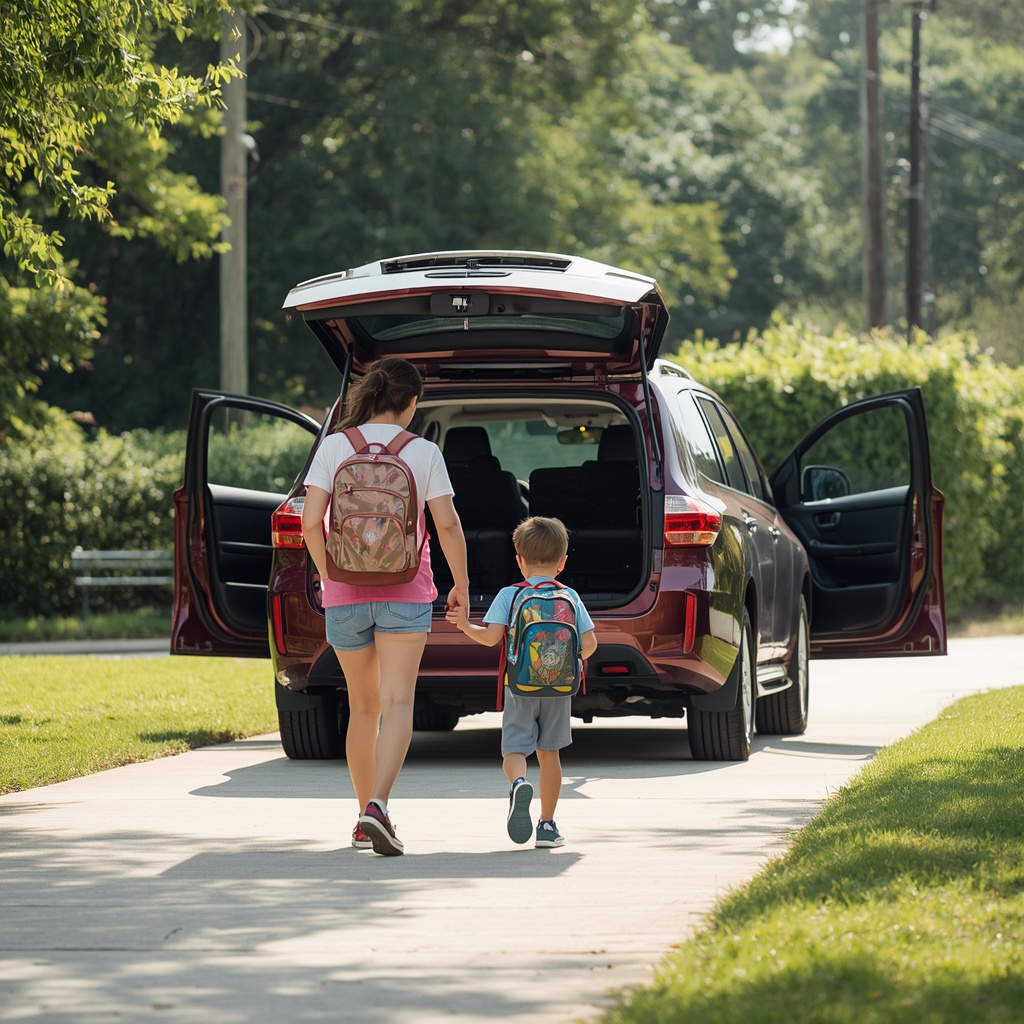 A parent and child walking toward a well maintained family SUV or minivan in a s 0