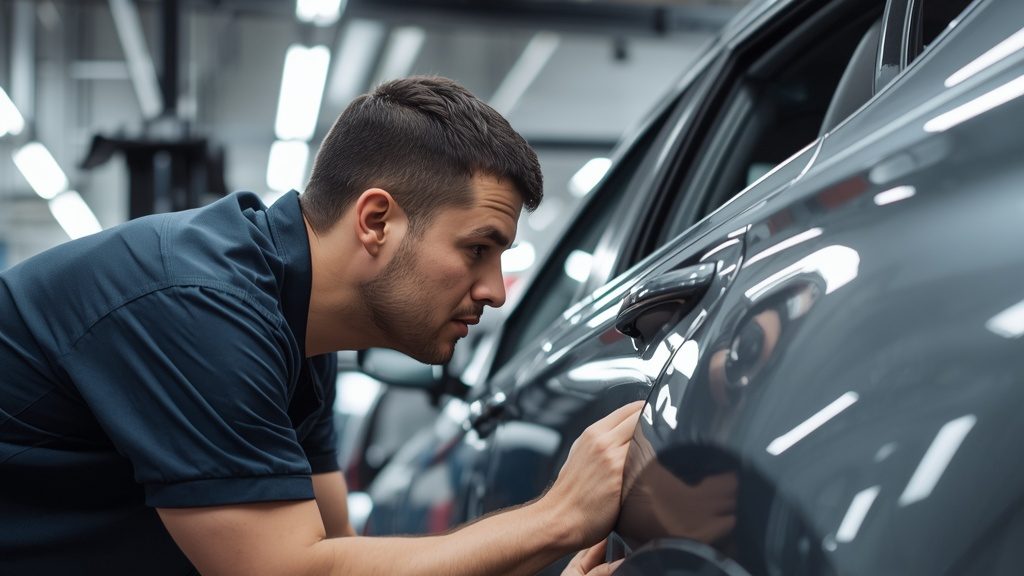 Auto body technician inspecting family vehicle before back to school season at shop near Broussard Youngsville Louisiana.