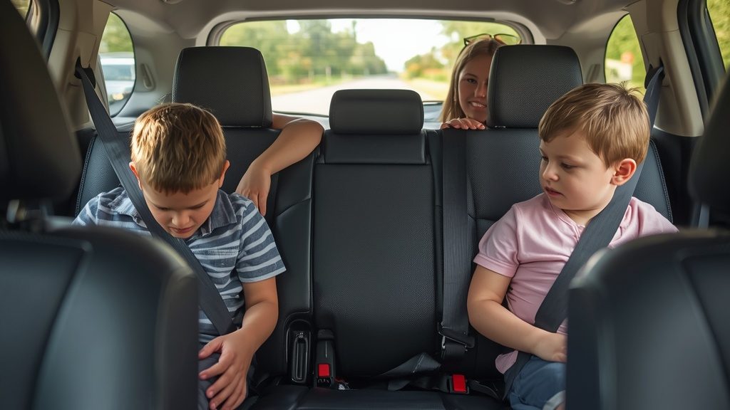 Children buckling seatbelts in family carpool vehicle for school run near Broussard and Youngsville Louisiana.