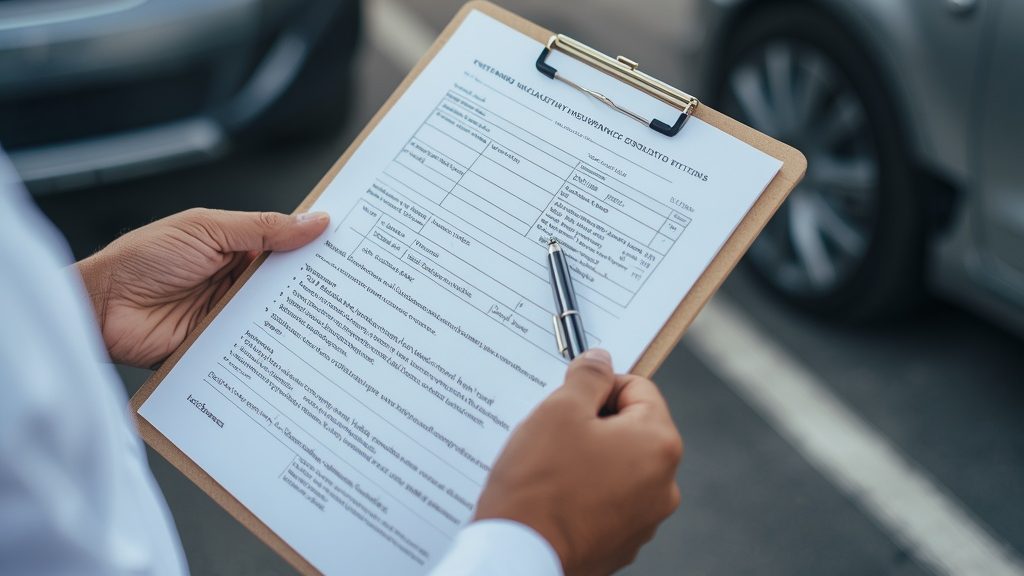 Vehicle owner reviewing auto insurance claim paperwork near Youngsville Louisiana after collision damage.