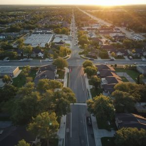 lucid origin Aerial or wide angle view of a thriving suburban Louisiana community at golden h 0