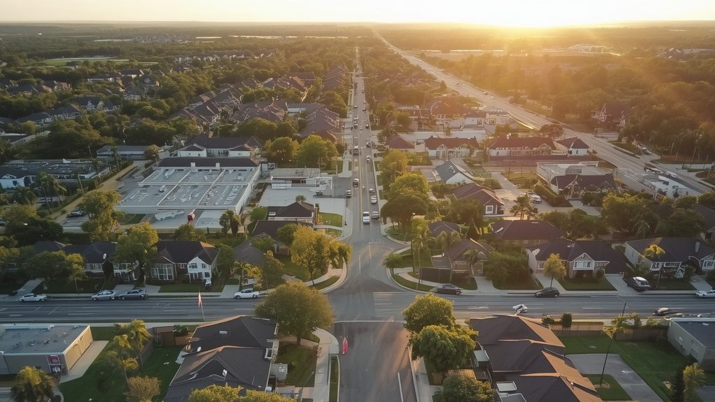 Auto body shop Youngsville Louisiana community aerial view showing city growth and suburban development.