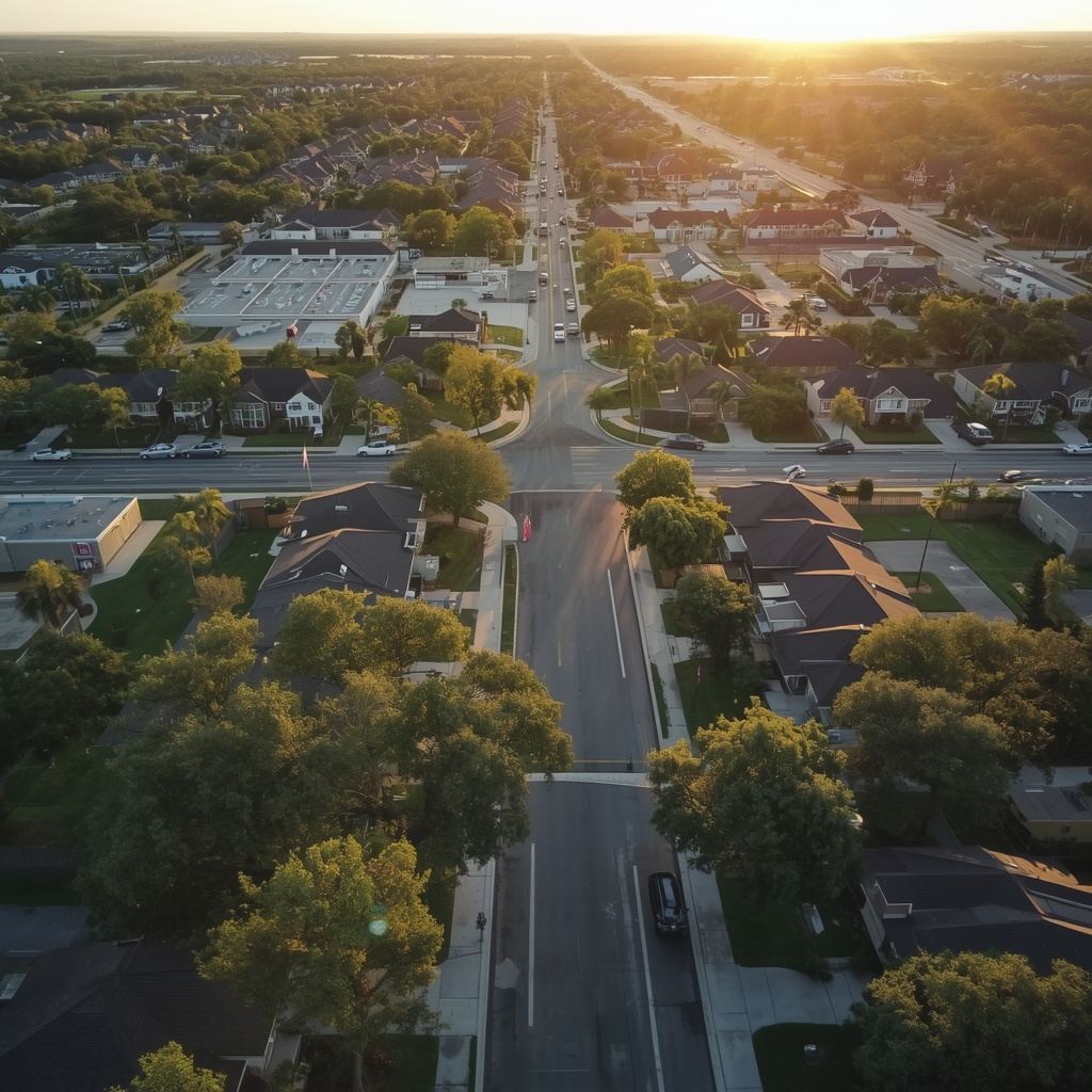 lucid origin Aerial or wide angle view of a thriving suburban Louisiana community at golden h 0