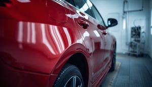 A freshly painted car panel in a professional automotive paint booth under contr 0