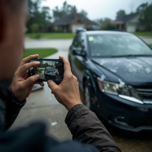 A person photographing hail damage on their car with a smartphone in a driveway 0