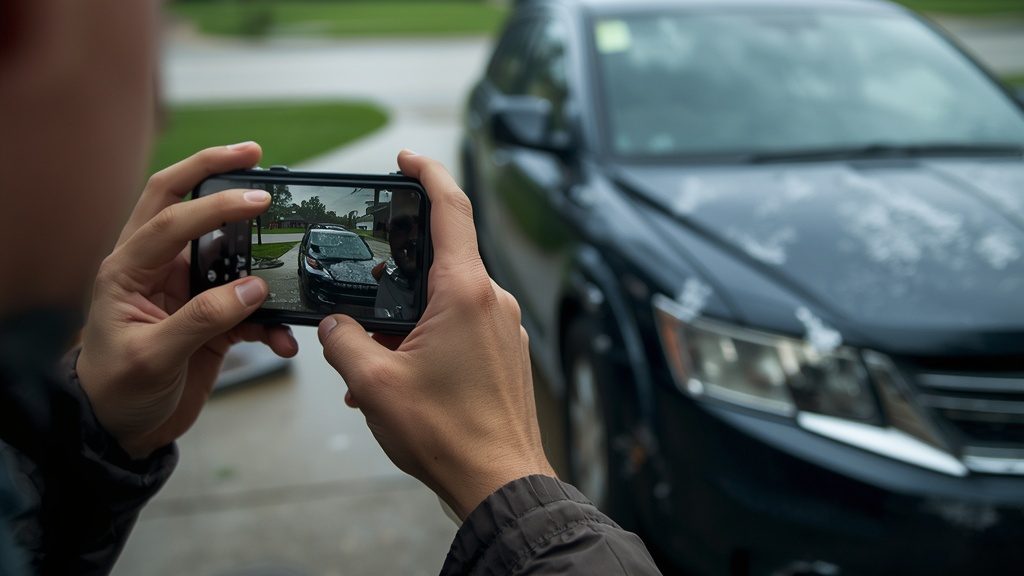 Louisiana driver photographing hail damage on vehicle for insurance claim after storm near Broussard Youngsville
