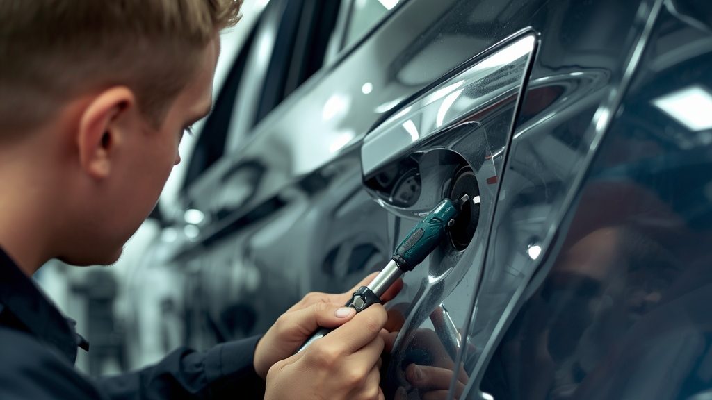 Auto body technician performing paintless dent repair on hail damaged vehicle panel near Broussard Youngsville Louisiana.