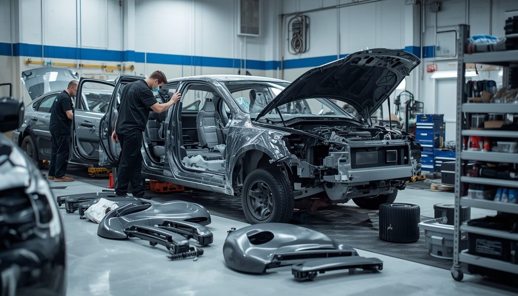 Auto body technicians performing collision repair teardown on vehicle at shop near Broussard and Youngsville Louisiana.