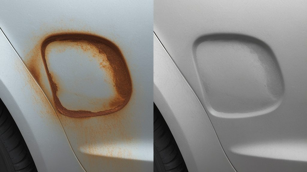 Hail dent with rust forming versus repaired panel showing why prompt hail damage repair matters in Louisiana humidity.