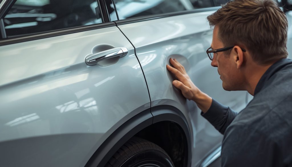 Vehicle owner examining poor quality collision repair with paint mismatch and panel gap issues showing common body shop red flags.