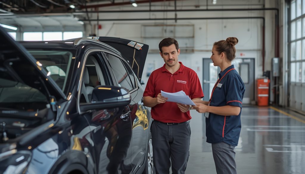 Louisiana driver reviewing auto body shop estimate with shop representative in Broussard Youngsville area exercising right to choose own shop.