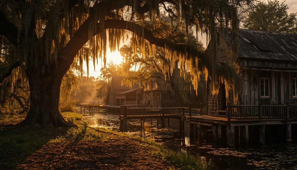 Beausoleil Jambalaya Festival Broussard Louisiana Acadian heritage scene with cypress trees and Spanish moss at golden hour.