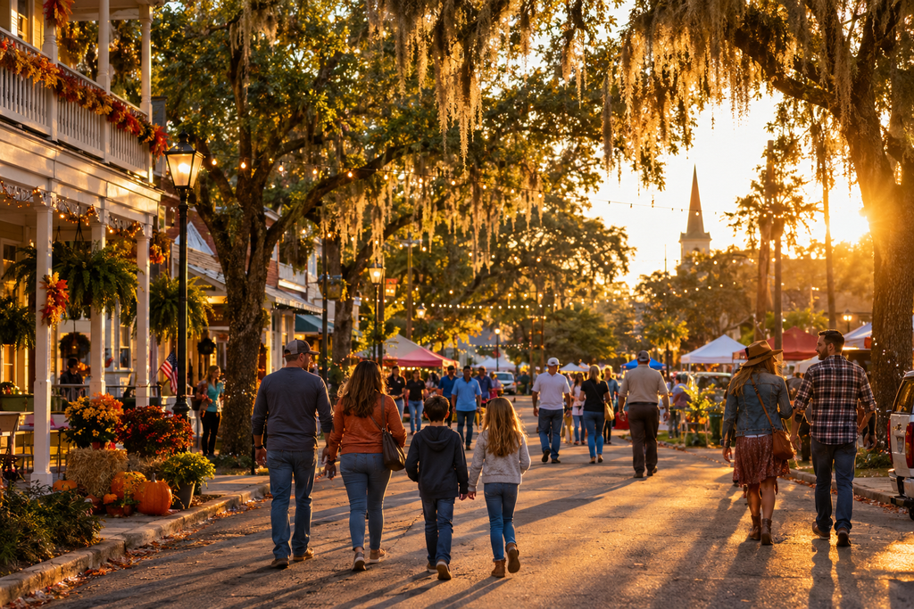 Broussard Louisiana community celebration street scene with families and Spanish moss oaks at golden hour