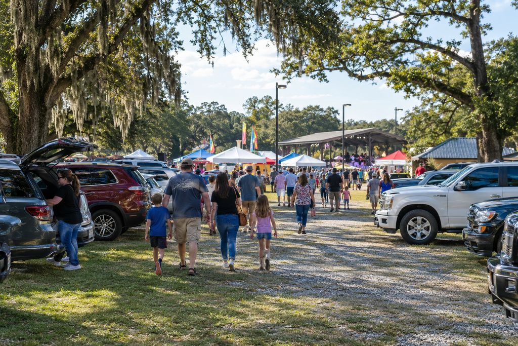 Festival parking area near Broussard Louisiana community event with families walking toward celebration.