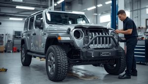 A Jeep Wrangler with front end collision damage parked in a professional auto bo 0