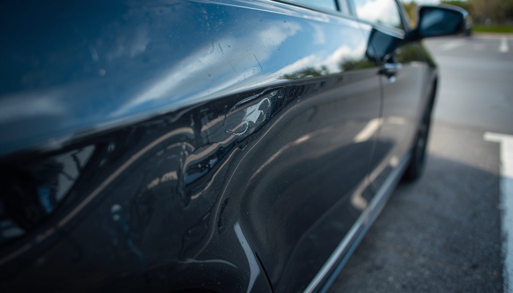 Door ding dent on a vehicle door panel from a parking lot impact near Youngsville Louisiana.