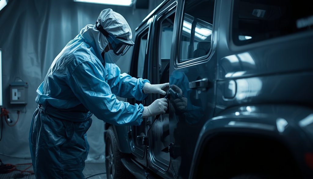 Auto body painter applying factory-matched paint to a Jeep panel in a professional spray booth near Broussard Louisiana.