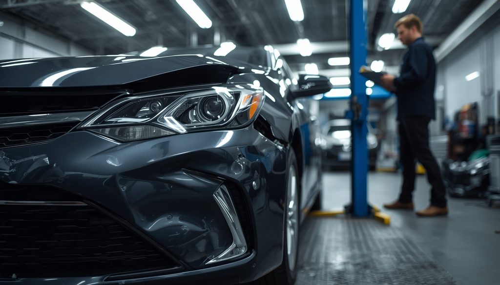 Vehicle with minor collision dent damage being assessed at a Lafayette Louisiana auto body shop.