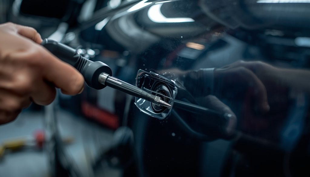 Technician performing paintless dent repair on a vehicle door panel at a Lafayette Louisiana auto body shop.