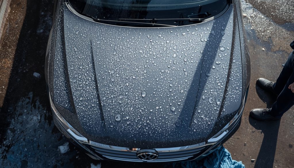 Vehicle hood with hail dent damage being assessed by a technician at an auto body shop near Broussard Louisiana.